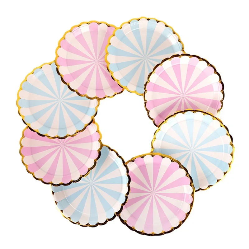 Blue Pink Disposable Paper Tableware Christmas Party Hot Gold Striped Paper Plate Set Decoration Supplies צלחות חד פעמי יפני종이그릇