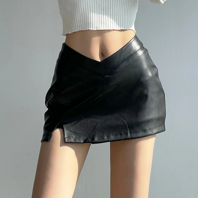 

Chic V Waist Mini Pu Leather Skirt For Women Summer High Street Lady Black Mini Pu Skirt Sexy Short Skirts
