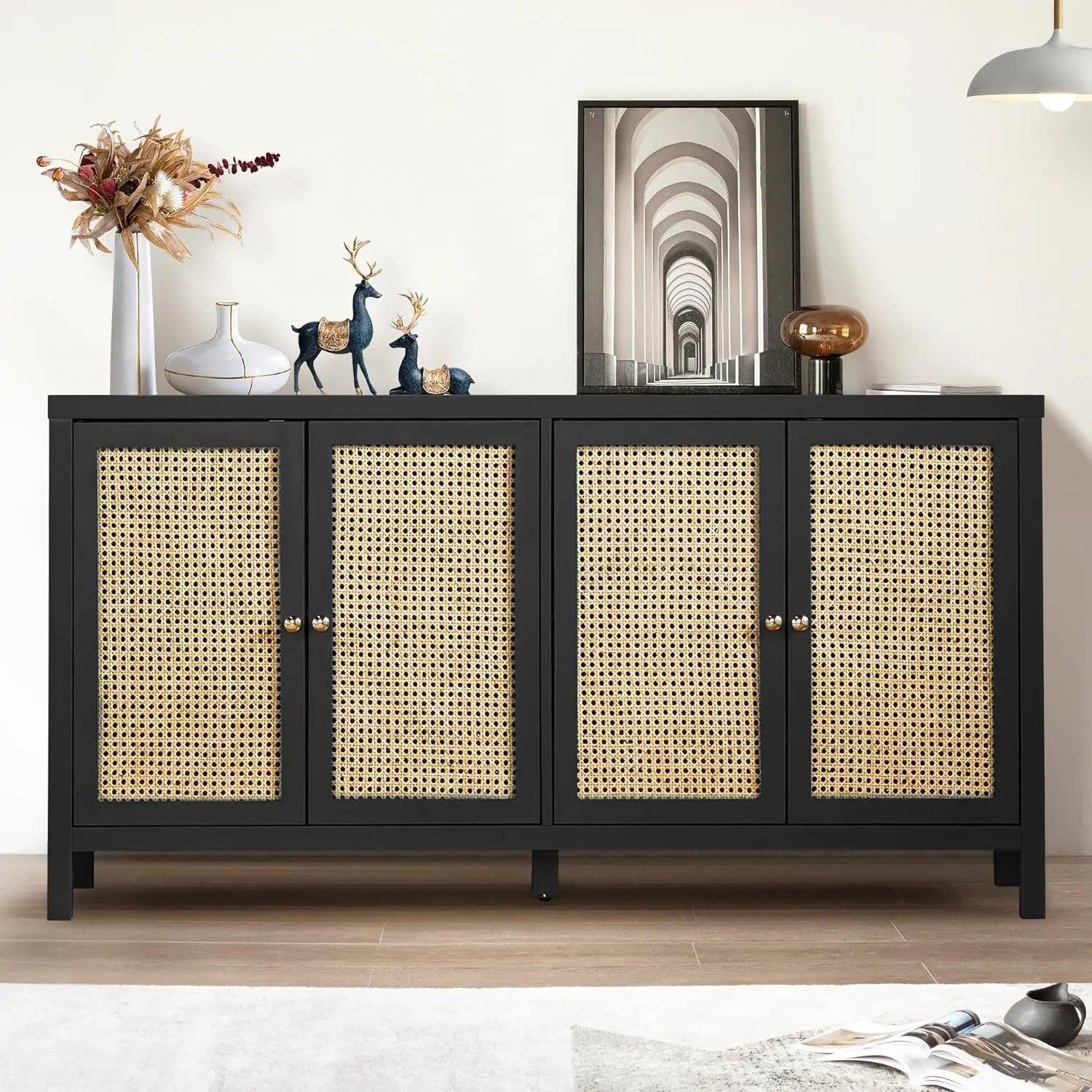 

Sideboard Buffet Cabinet, Rattan Accent Cabinet Storage Cabinet Console Table with Doors and Adjustable Shelves for Kitchen