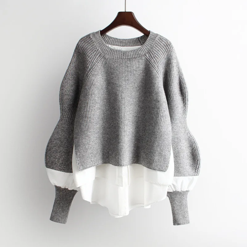 

2023 Autumn New Fashion Splice Shirt Fake Two Piece Set Women Knitted Top Loose Casual Female Sweater