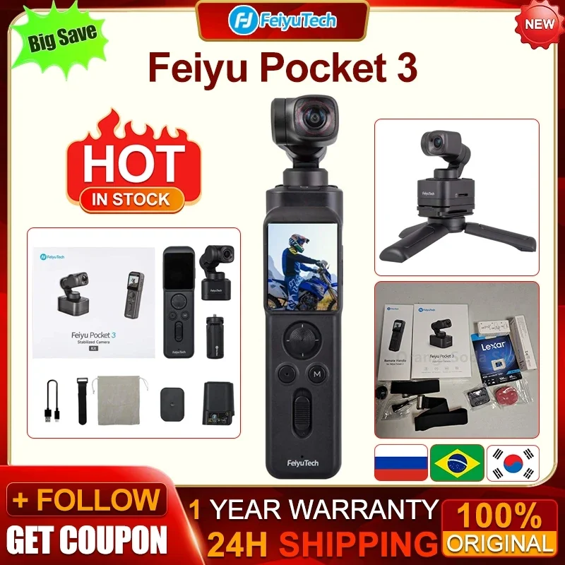 Feiyu Pocket 3 Combo4 gimbal caméra portable 4K stabilisé avec télécommande, posé sur une surface.