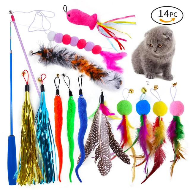 14PCS Cat Toy Set Caterpillar Feather Replacement Head Colorful Hair Ball  Tassel Retractable Fishing Rod Amusing Cat Stick - AliExpress