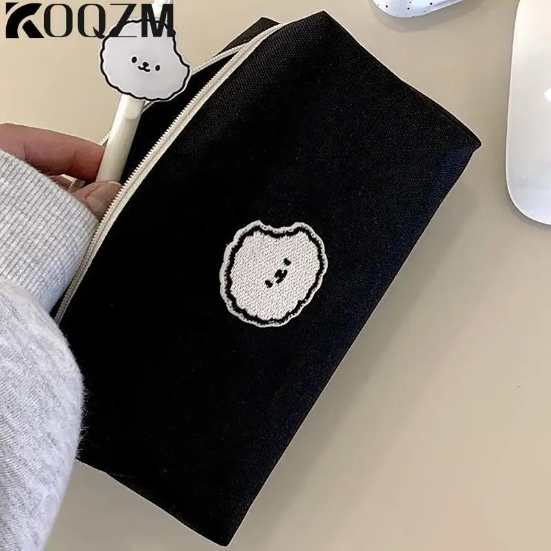 블랙 강아지 캔버스 연필 케이스, 귀여운 정리함 지갑, 여성 메이크업 핸드백, 학교 문구 가방, 연필 전화 케이스 파우치
