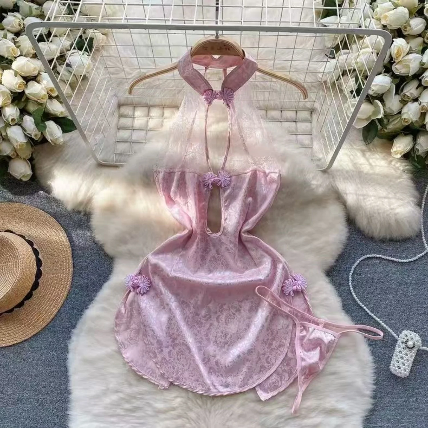 Hollow Out Sexy Women's Qi Pao Pink Mini Dress Lace Up Lady Halter Short Dress Erotic Lingerie Slim Bodycon Sleep Dress Pajamas