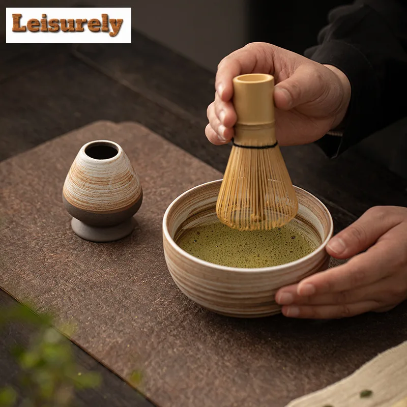 4PC Japanese Matcha Set Portable Ceramic Tea Kit Cute Cat Handmade Matcha Bowl Bamboo Whisks Brush Spoon Kitchen Gadget Gift Set