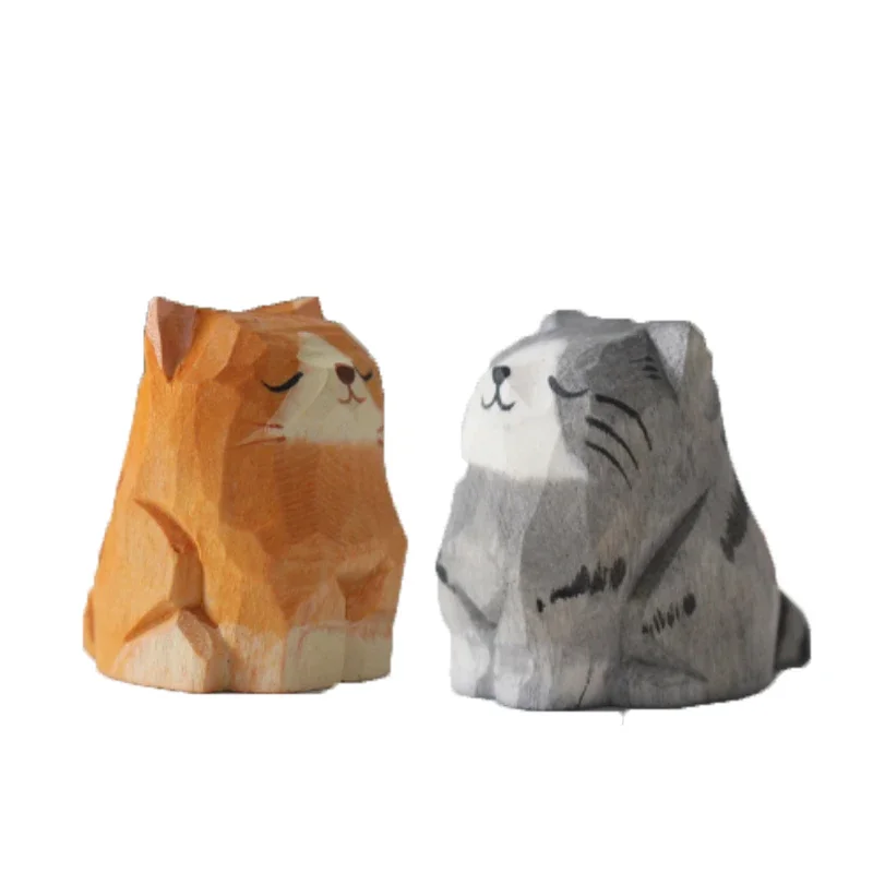 1pc Wooden small animal ornaments Pure handmade wooden carving handicrafts home decoration accessories Gift kitten ornaments room decor statues