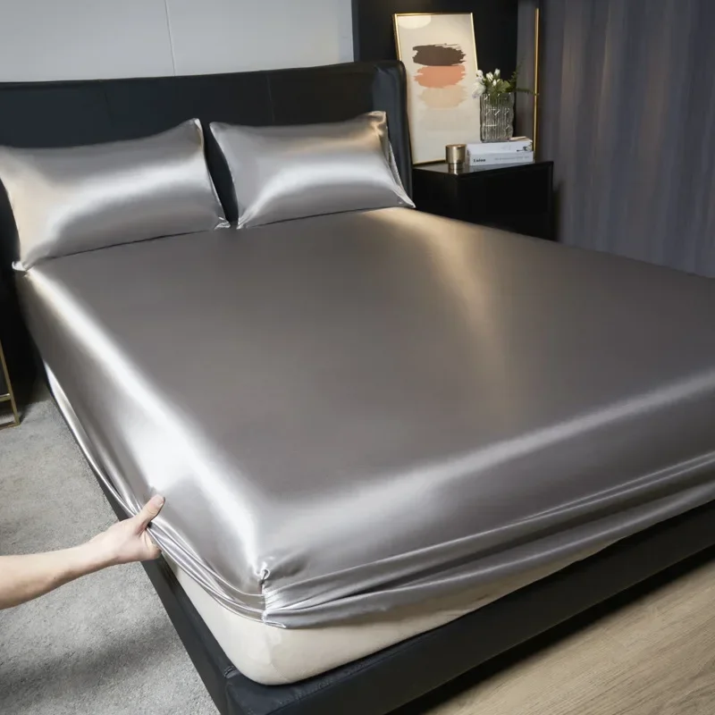 Solid Color Satin Surface Fitted Sheet 1PC Queen Size Bed Sheets 100/120/150/180/200cm Sheet with Elastic Band (No Pillowcase) 3