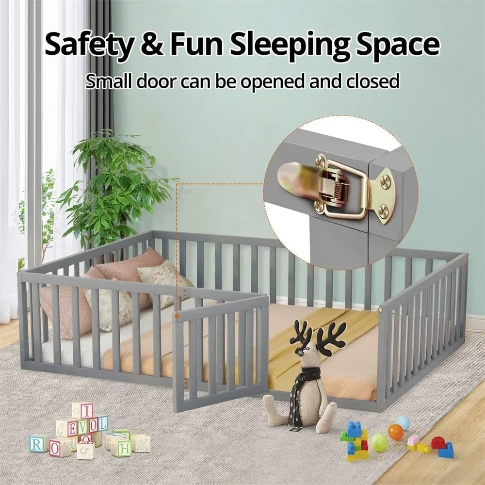 Queen Size Montessori Floor Bed, Multifunctional Wood Bed Frame with Fence & Door for Children Boys Girls Bedroom Living Room 3