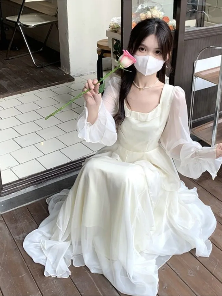 

New 2023 Vintage Fairy Chiffon Long Dress Women White Elegant French Party Midi Dress Puff Sleeve Casual Women's Clothing
