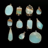 Trendy Natural Amazonite Gold-Plated Edge Charms Pendant Water Drop Oval Round Pendant for Jewelry Making DIY Necklace Bracelets 1
