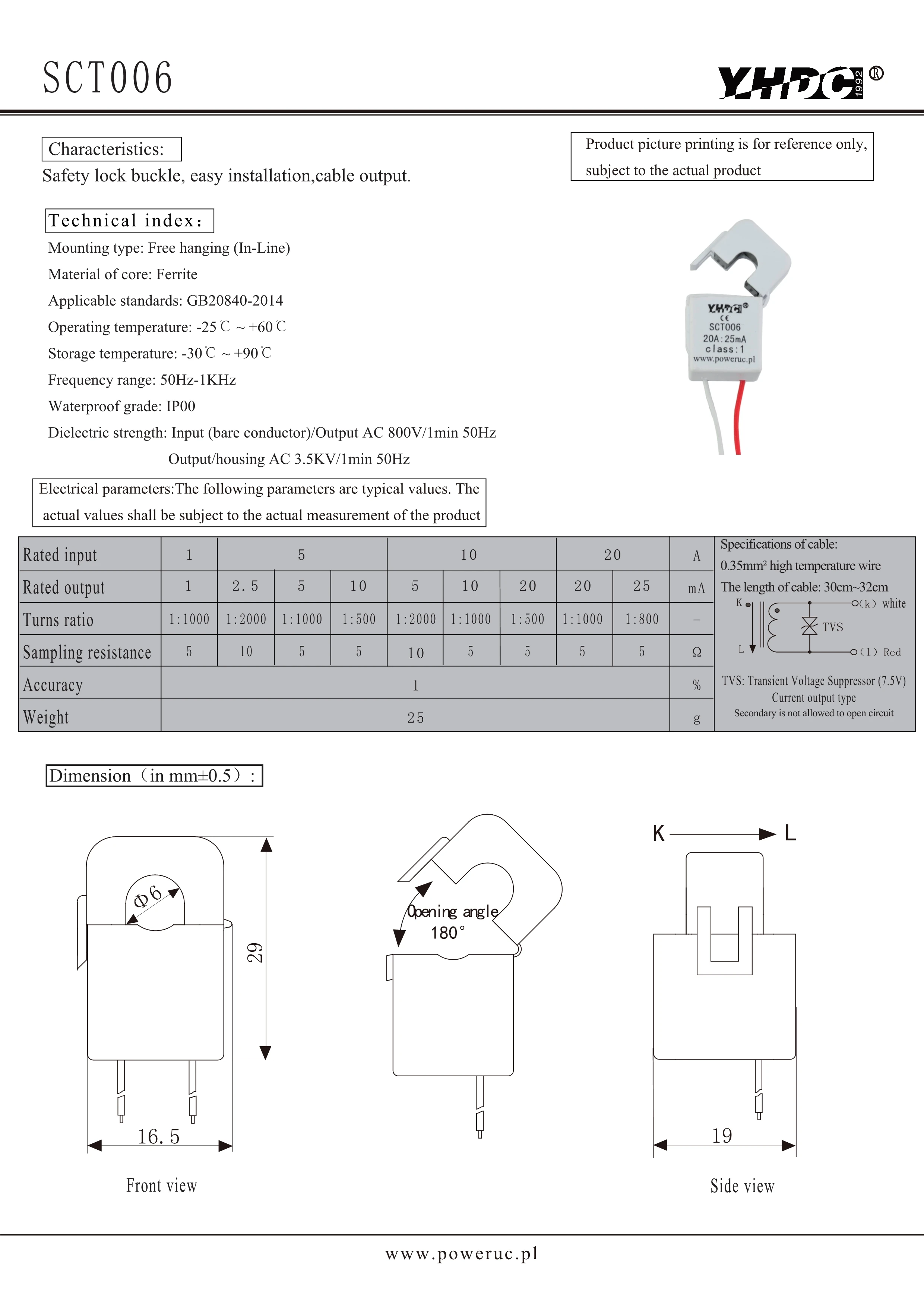 YHDC Split Core Current Transformer SCT006 Rated Input 1A/5A/10A/20A Output 1mA/2.5mA/5mA/10mA/20mA/25mA 1%
