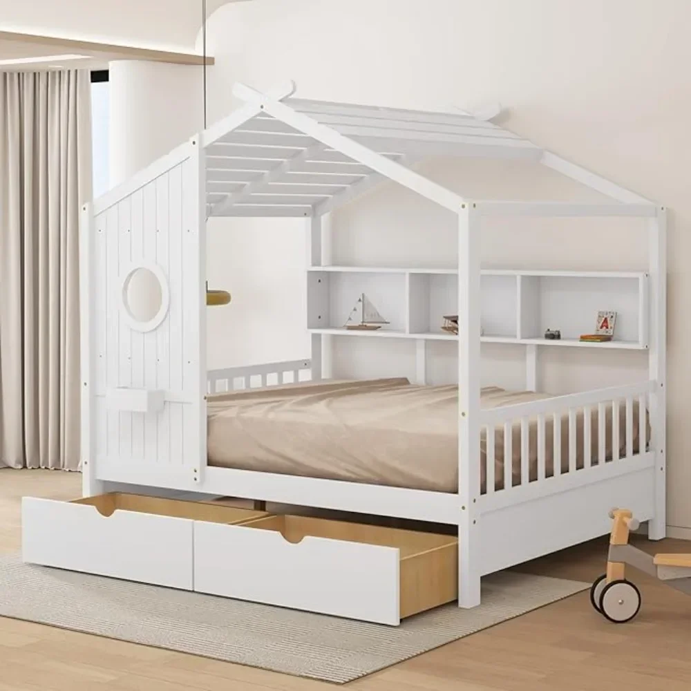 Bed for Kids Wooden Kids Bed with Storage Drawers and Bookshelf Built in Window Box Design Cute for Kids Toddler Boys Girls