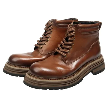 British Style Genuine Leather Casual High Top Thick Sole Platform Shoes Men's Vintage Motorcycle Outdoor Hiking Chelsea Boots