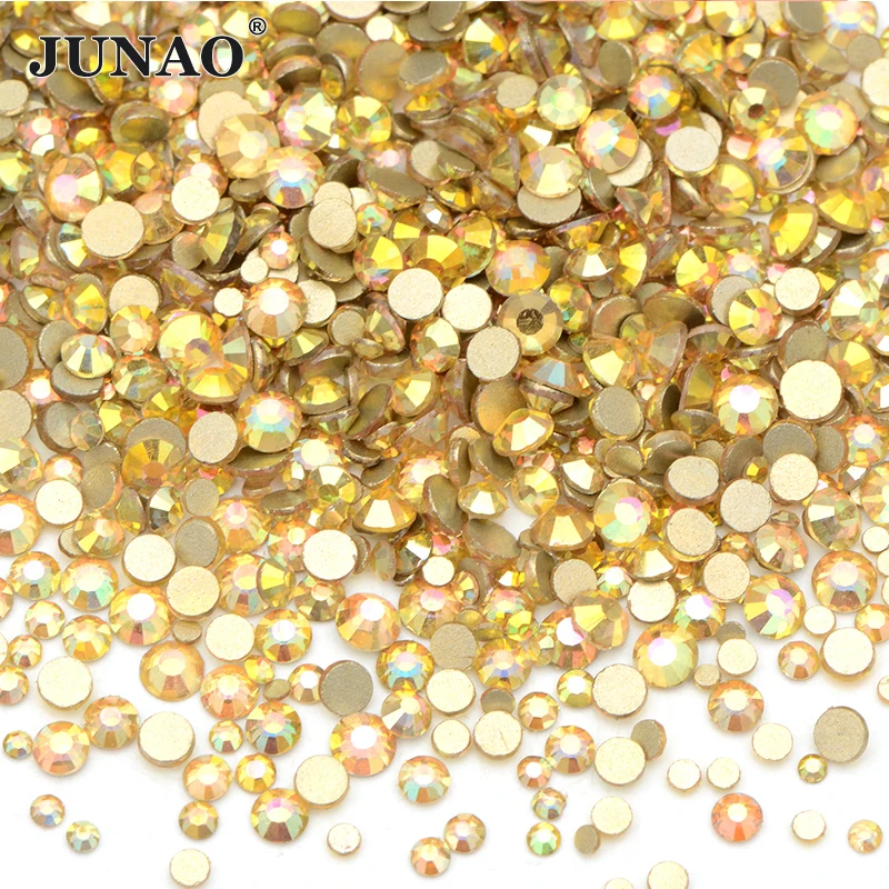 

JUNAO 1440Pcs Gold Sunlight Color Mix Size SS3-SS12 Flatback Glass Rhinestones Bulk Round Crystal Strass For DIY Decoration