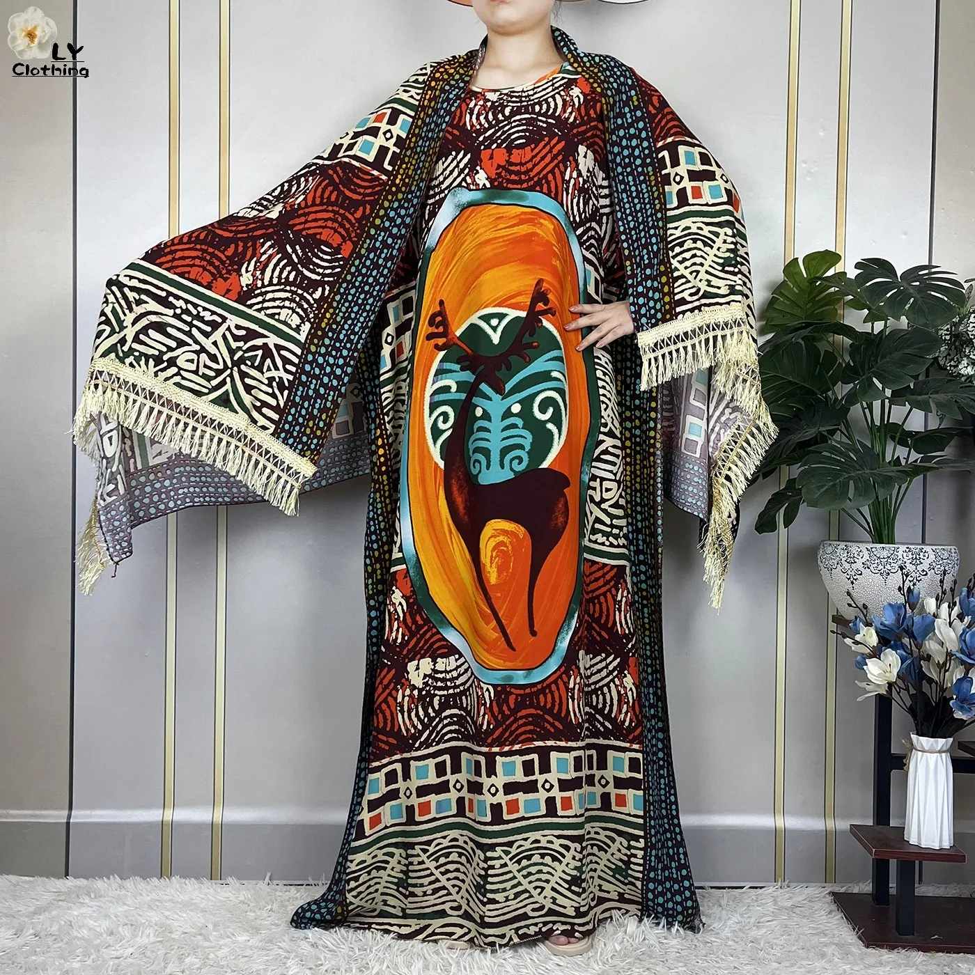 New African Fashion Femme Short Sleeve Loose Robe Dubai Muslim Dashiki Printing Cotton Woman Islam Abayas Dress With Large Scarf