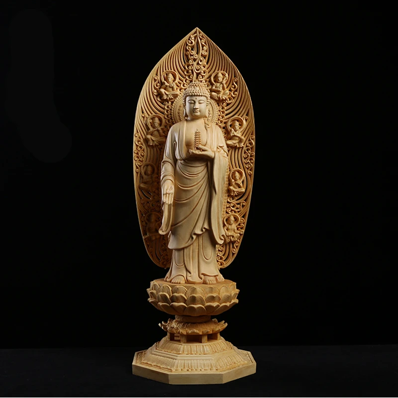 

Pharmacist Buddha Sculpture Statue Solid Wood Traditional Hand Carving Wooden Buddha Statue Home Living Room Decoration Statue