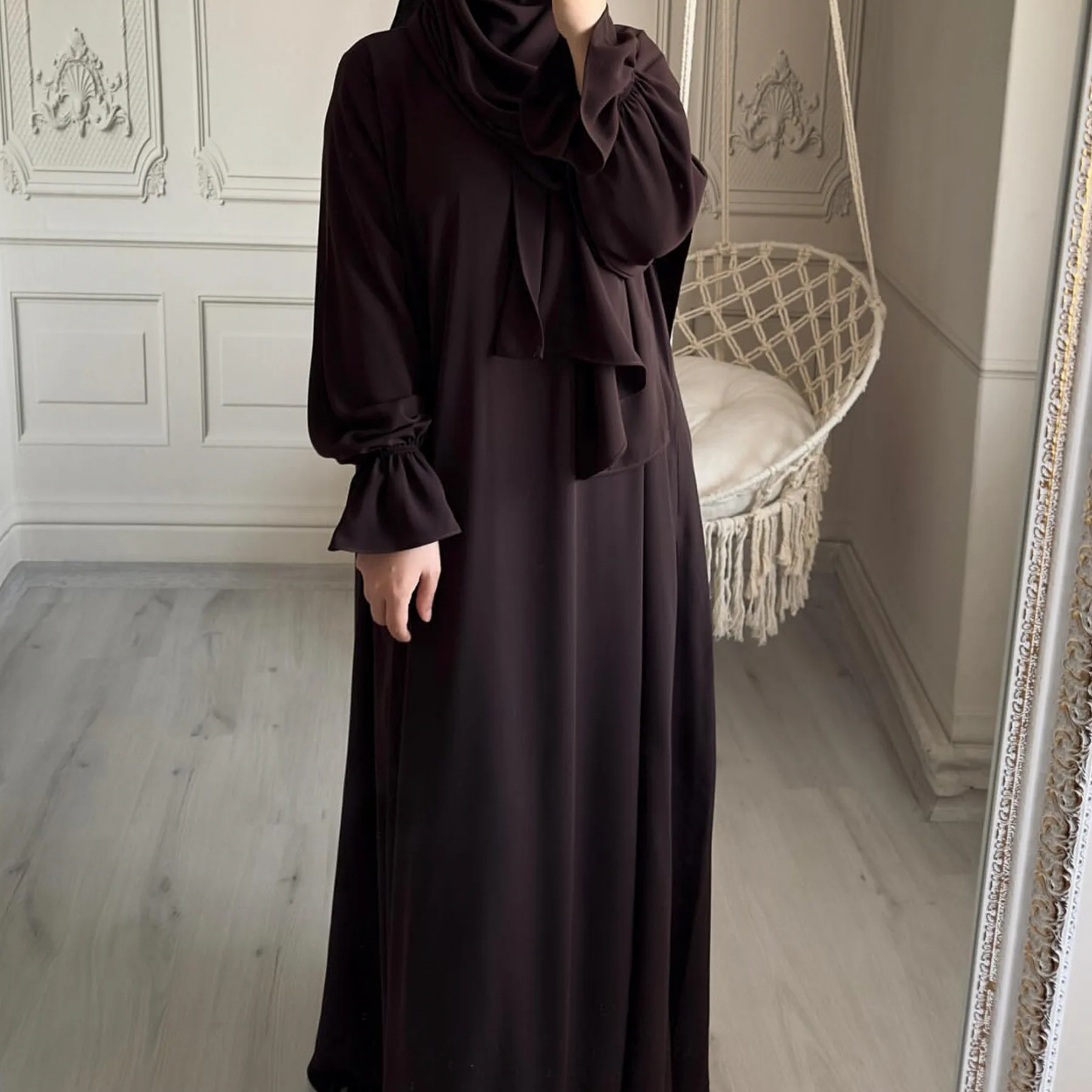 Hooded Abaya Dubai Jilbab One Piece Prayer Dress with Attached Hijab Trumpet Sleeves Muslim Women Ramadan Eid Islamic Clothing
