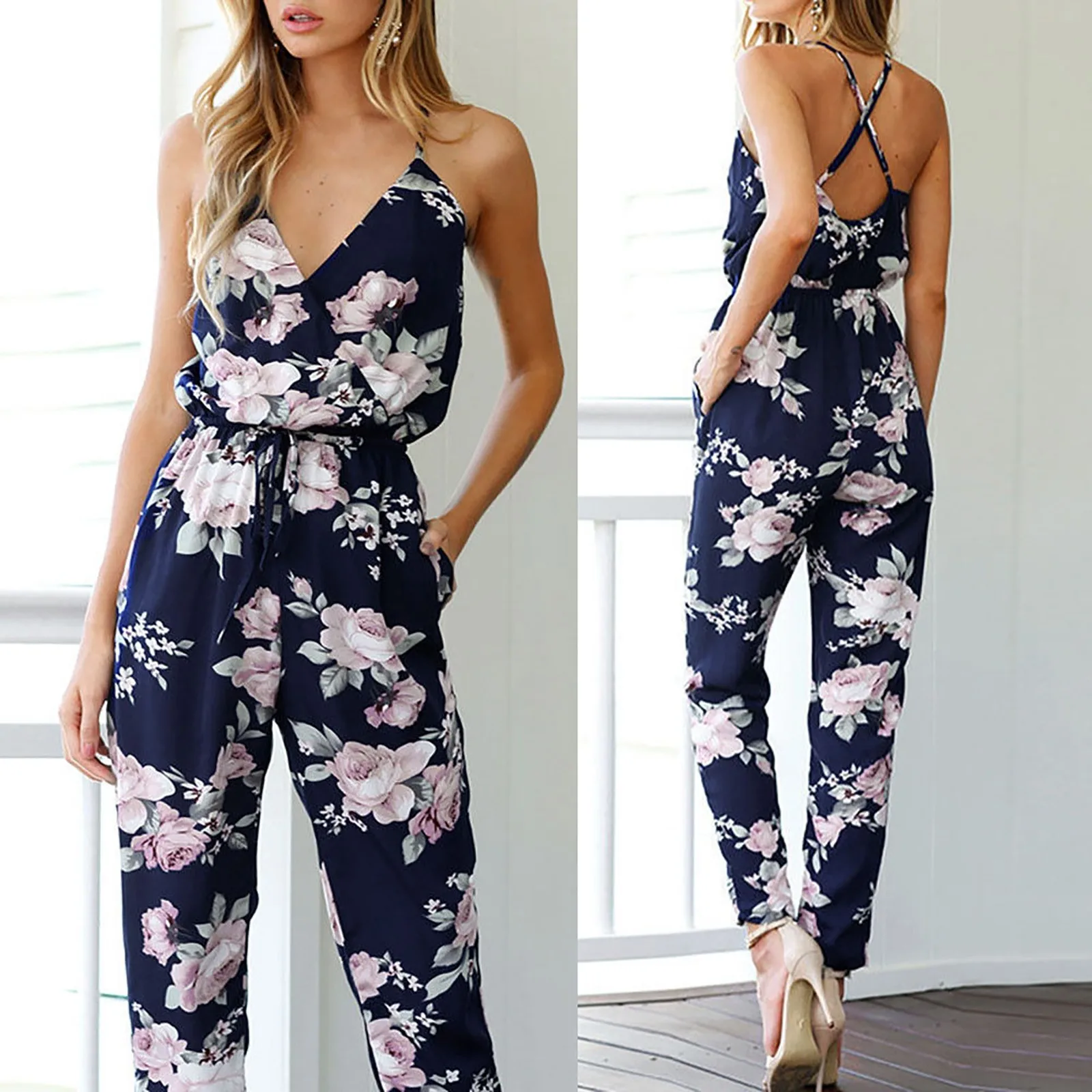 

Women Playsuit Summer Ladies Jumpsuit V Neck Floral Bandge Romper Fashion High Waist Backless Long Trousers Pants Clubwear