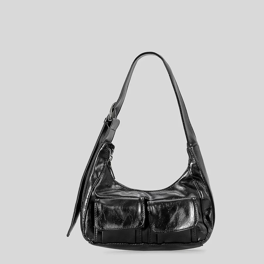 

Retro Oil Wax Pu Leather Multi Pocket Motorcycle Bag Designer Women Shoulder Bags Vintage Underarm Bag Small Handbag Purses 2024
