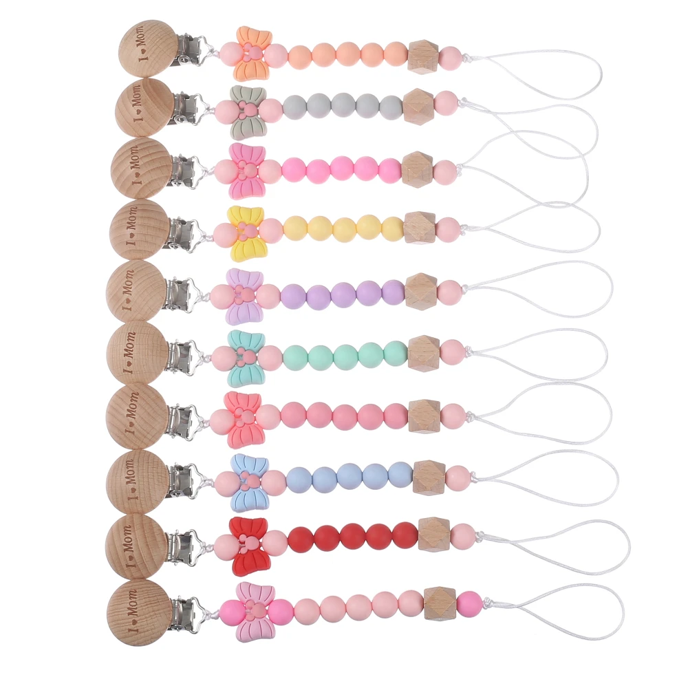 Baby Round Wood Dummy Holder Clip Silicone Cartoon Bow Bead Pacifier Chain For Care Teether Chew Toy Baby Pacifier Soother Chain 2