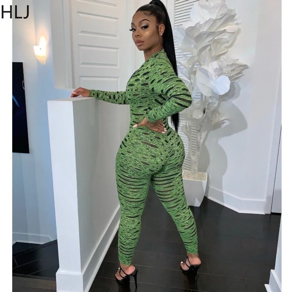 HLJ Sexy Printing Zipper Bodycon Jumpsuits Women Deep V Long Sleeve Slim Playsuits Casual Female Hollow Out One Piece Overalls