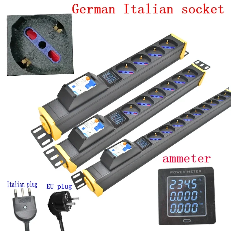 

PDU power strip Short circuit switch network cabinet rack 1-9 way German Italian socket 2M line 360 rotating bracket ammeter