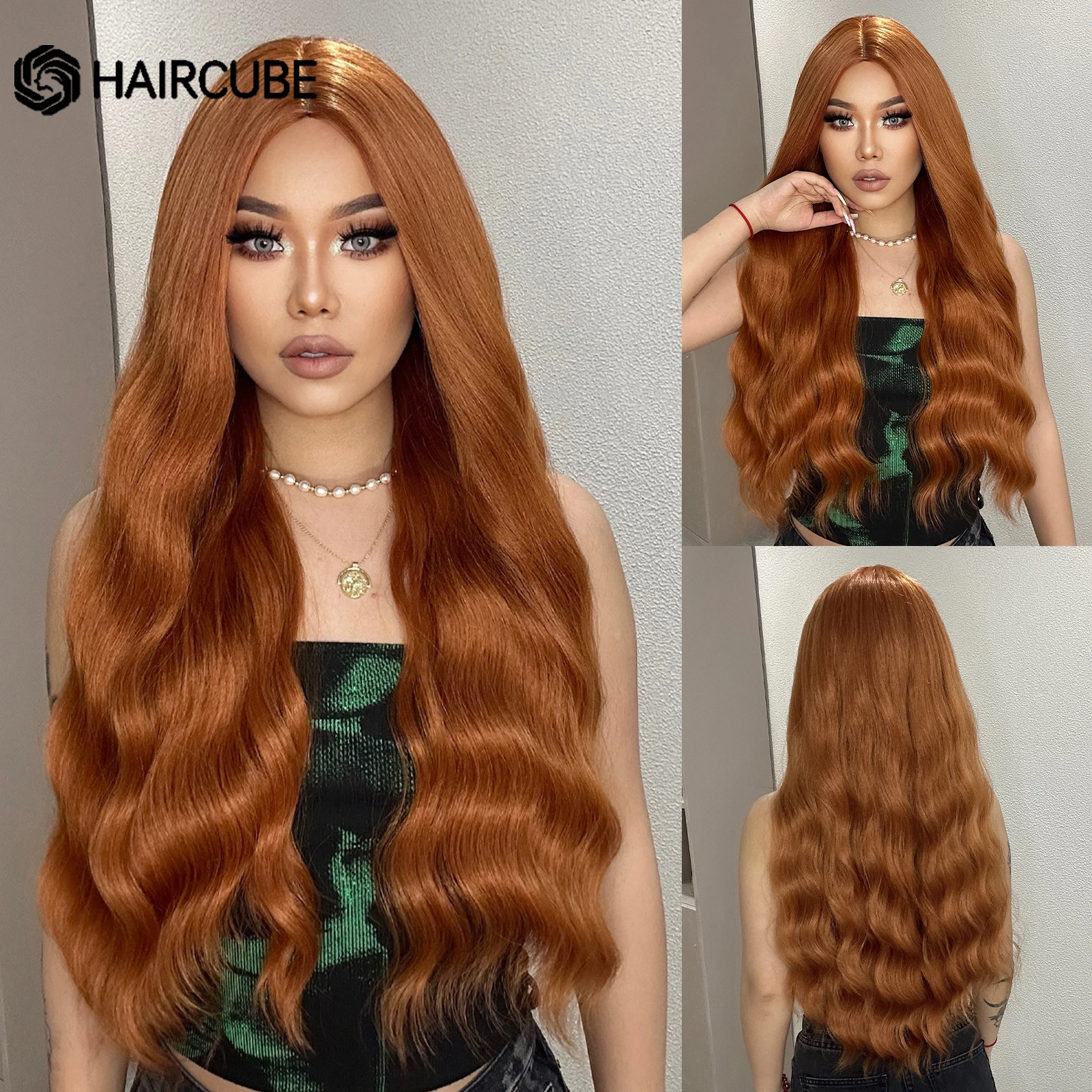 

HAIRCUBE Orange Long Wavy Synthetic Wigs for Women Middle Parted Natural Wave Ginger Hair Daily Party Heat Resistant Fiber Wigs