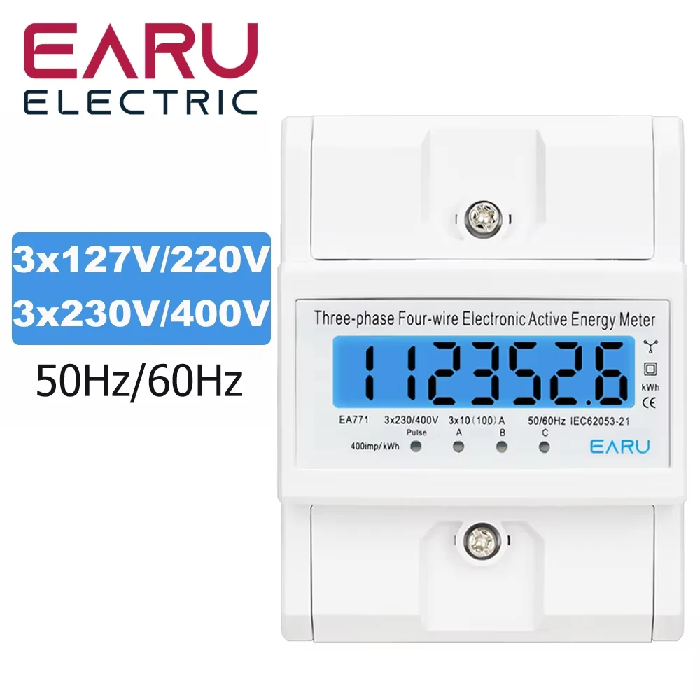 Din Rail 380V 3 Phase 4 Wire Energy Meter Power Consumption Monitor kWh Meter Wa