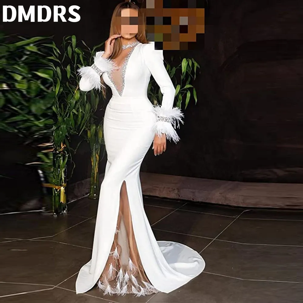 

Mermaid Prom Dress Soft Satin Full Sleeves Gown luxury Feather Sweep Train Dresses Sexy V-Neck Dress For Women