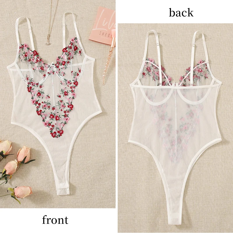 Women Suspender Pajamas Women Lace Pajamas Women Bodysuit Sleep Wear Set Women's Sexy Perspective Mesh with Embroidered Flower V-Neck Suspender Sexy Pajamas One Piece Pajamas