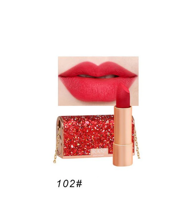 4-teiliges Lippenstift-Set In Mattem Samtfinish + Koreanische Kettentasche – Graviert, Langlebige Tasche Für Unterwegs