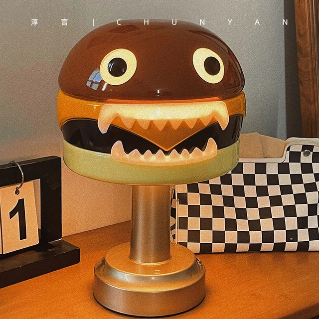 Lampe de chevet minimaliste Hamburger Hamburger Cheeseburger sans couture  en bois Lampe de chevet Lampe de bureau Base en bois Abat-jour en tissu de