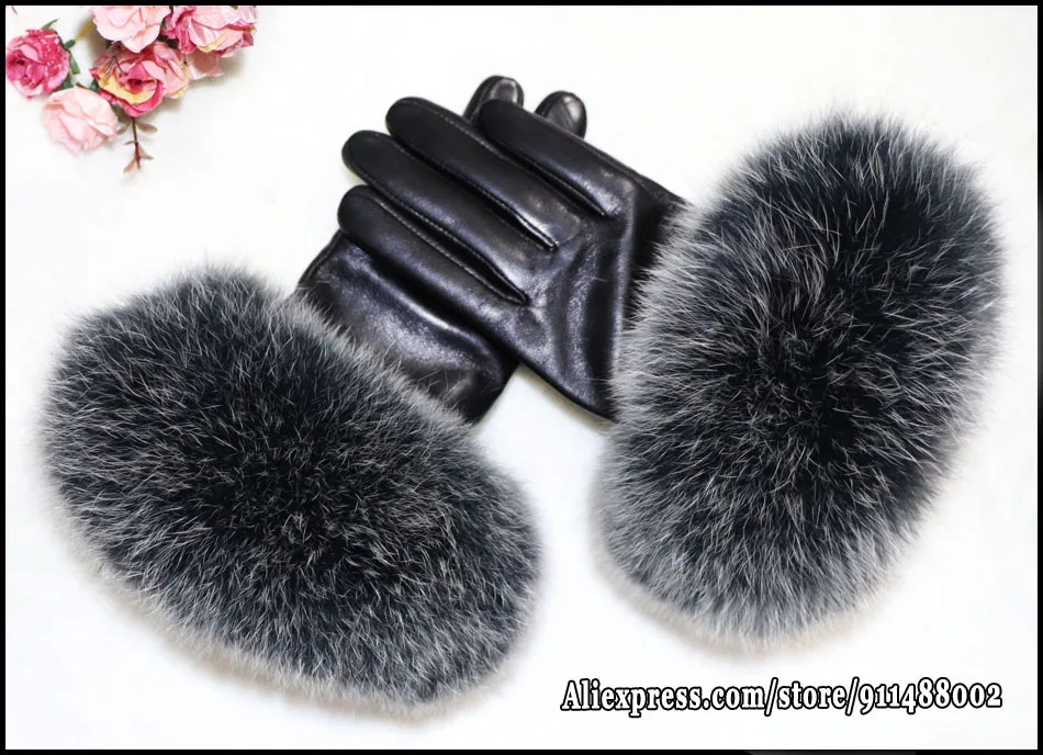 High-end Women's Colored Fox Fur Gloves Touch Screen Natural Leather Sheepskin Cycling Driving Winter Warm Plush Thick Mink Fur
