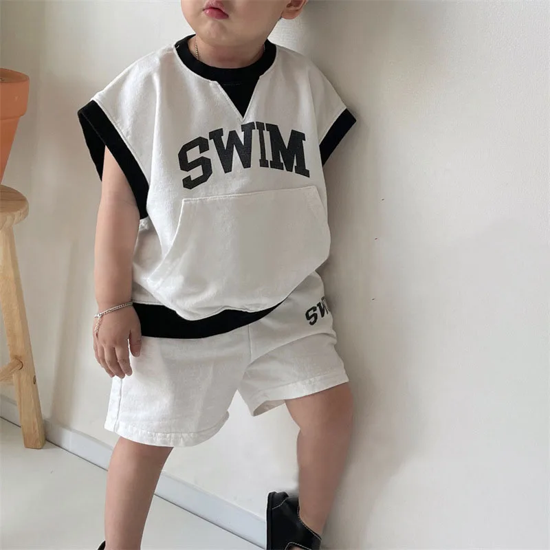 newborn baby clothing gift set 0-6-year-old summer children's cotton letter suit boys and girls fashion off shoulder sleeveless T-shirt shorts casual two-piece baby dress and set