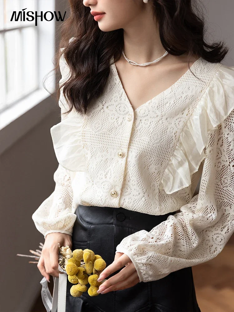 

MISHOW Lace Blouses Women 2023 Autumn French V-neck Ruffle Long Sleeve Crochet Hollow Out Shirts Chic Female Clothing MXB35X0351