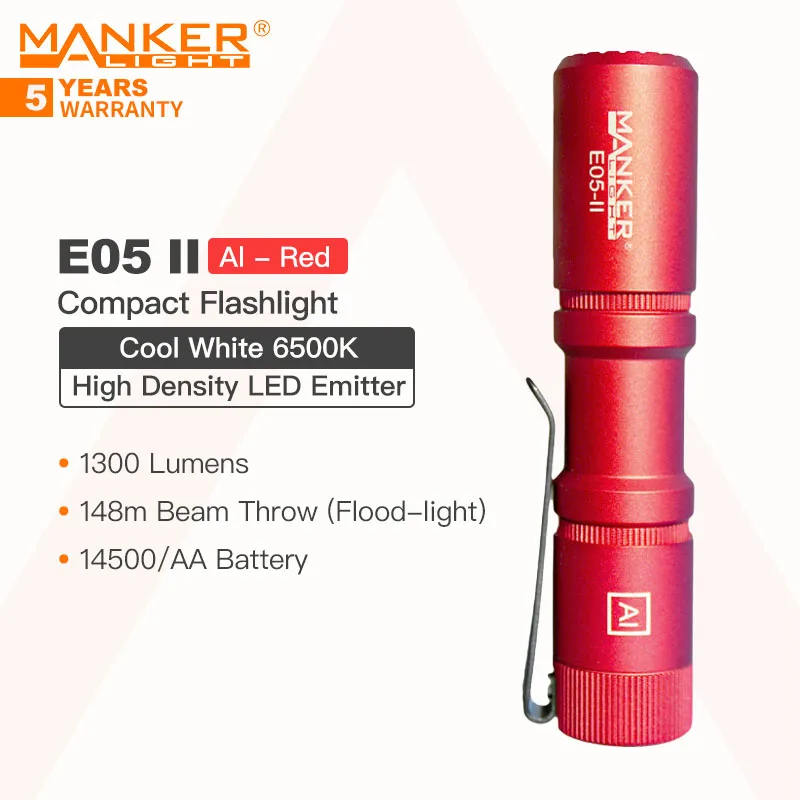 

Manker E05 II (Al-red, Cool white Version, 6500K) Compact Flashlight, High Density White LED Emitter 1300 Lumens, 14500 or AA