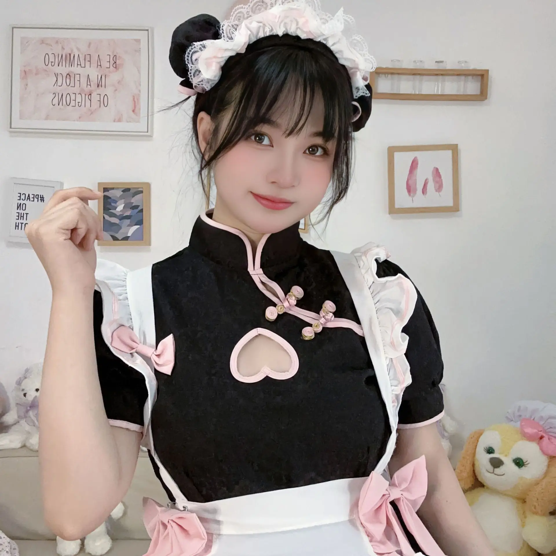

Girls French Maid Lolita Dress Hollow Out Summer Short Sleeve Chinese Cheongsam Costume Waitress Uniform Cute Sexy Apron Dress