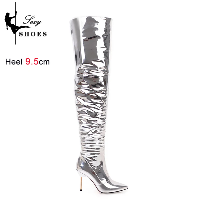 Silvery Over-the-knee High Boots Women Party Winter Shoes Stage Show Mirror Stiletto Heels 9.5CM Ladies Pointed Toe Long Boots