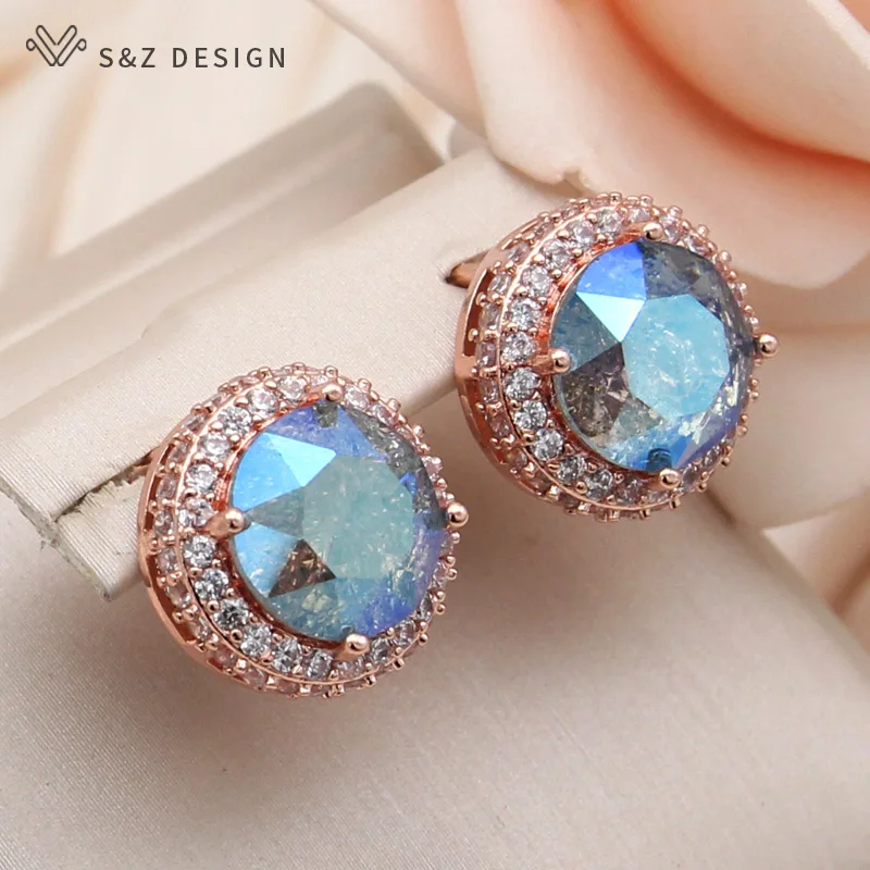 S&Z DESIGN New Fashion Round Ice Crack Crystal Dangle Earrings For Women 585 Rose Gold Color Cubic Zirconia Jewelry Gift