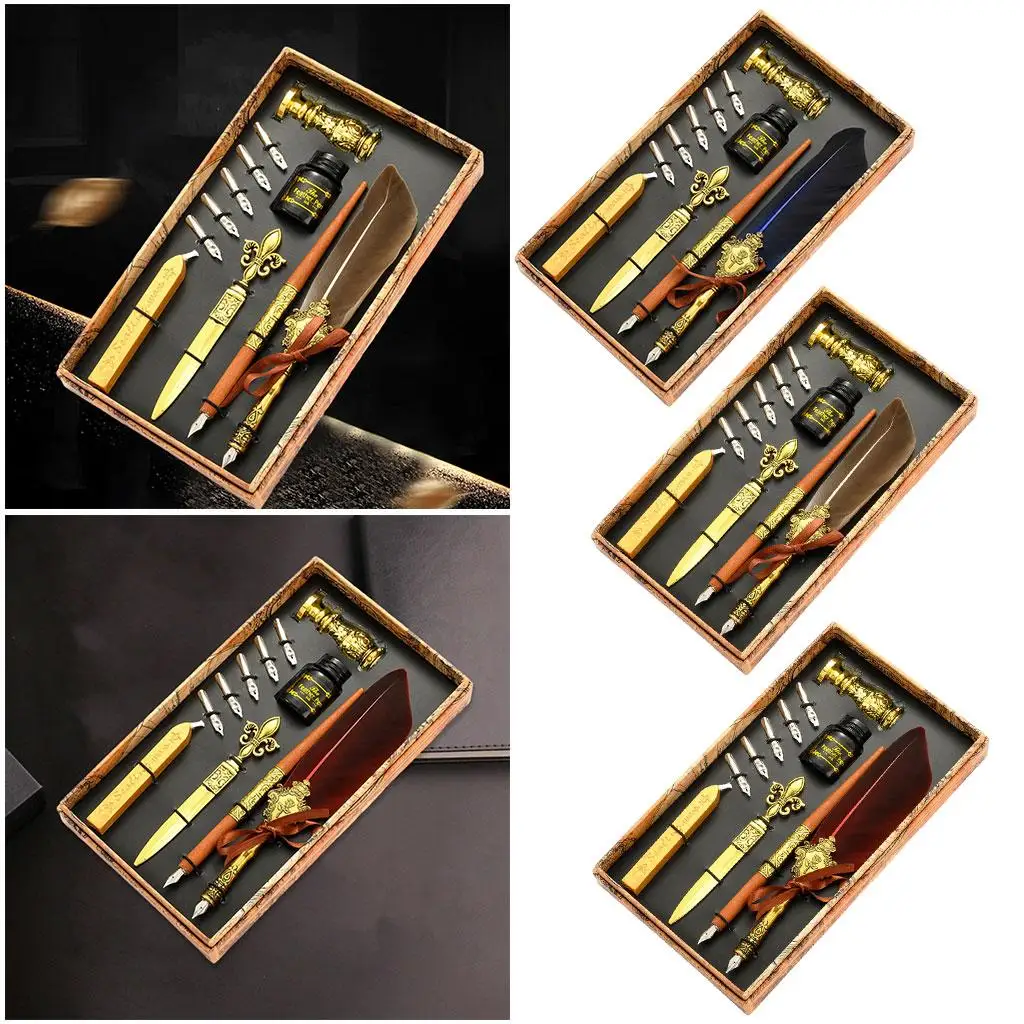 Retro Style Calligraphy Quill Pen and Ink Set, Feather Dip W/ 17 Replacement Nibs Letter Opener Metal Stamp for Students