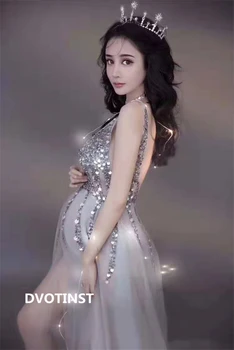 Dvotinst Women Photography Props Blingbling V-neck Maternity Dresses Perspective Sleeveless Pregnancy Dress for Studio Shoots 4