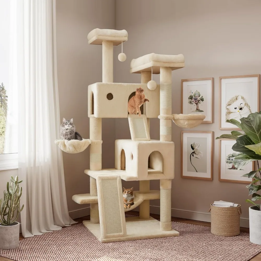 SHA CERLIN 65in Larger Cat Tree Tower Condo for Indoor Kitties/Multi-Level Furniture Activity Center with Wide Base/Cozy Plush C 1