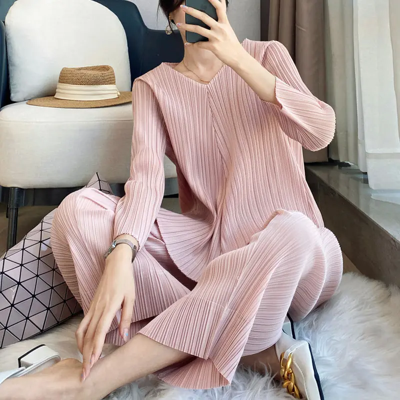 women s 2023 new hot selling casual fashion sexy solid color home pleated lace up dress in stock Home Set Pleated Fashion Women's New Loose Top Straight Trouser  two piece set women sexy club