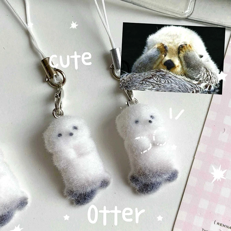 Adorable Flocked Sea Otter Charm Pendant with Lanyard