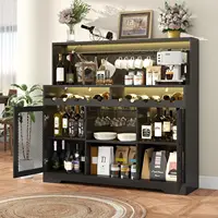 Wine Bar Cabinet with LED Light, Liquor Cabinet with Glass Holder,Storage with Wine Racks,Wine Cabinet with Mesh Door (Black) 3