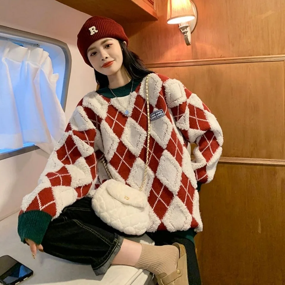 

simple diamond pattern long sleeve thick fashion basic vintage college wind o-neck women sweaters