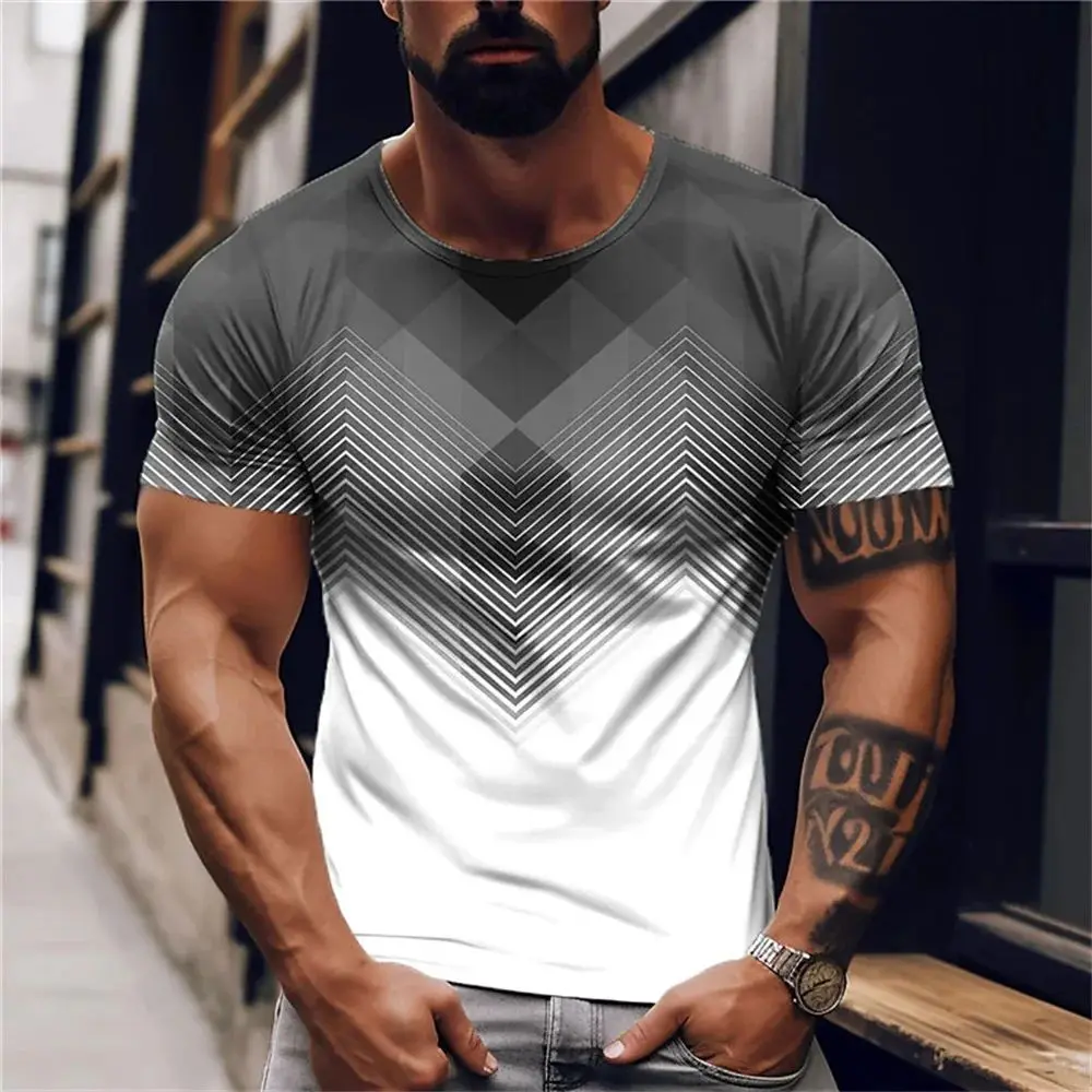 New Summer Men Street Personality Fashion Simple Stripes 3d Printed Round Neck Short Sleeve Loose Comfortable Plus Size 6xl