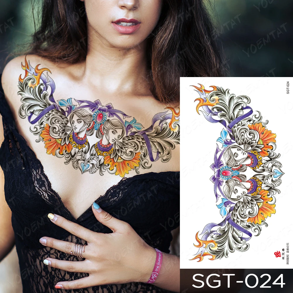 Colorful Henna Flower Large Chest Tattoo For Women Sexy Waterproof Temporary Tatoo Sticker Waist Art Designs Men Fake Tattoos