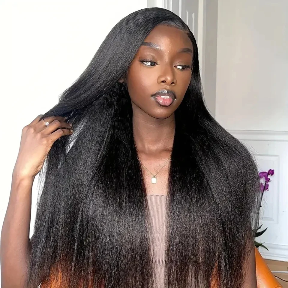 Human Hair Wig Lace Front Wig Human Hair Wigs Front Lace Wig Peruvian Yaki Straight Human Hair Wig Kinky Straight Lace Frontal Wig 13x4 Lace Front Wigs For Women