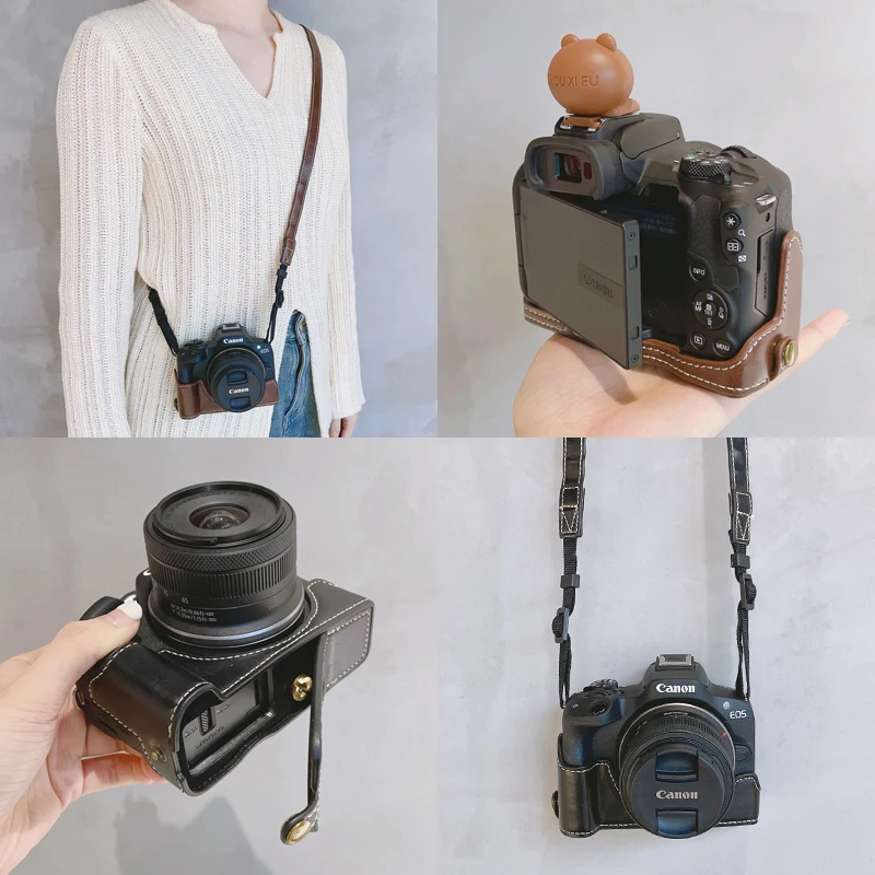 Canon R50 카메라 케이스 가방용 손목 스트랩과 어깨 끈이 있는 PU 가죽 보호 케이스 하프 바디